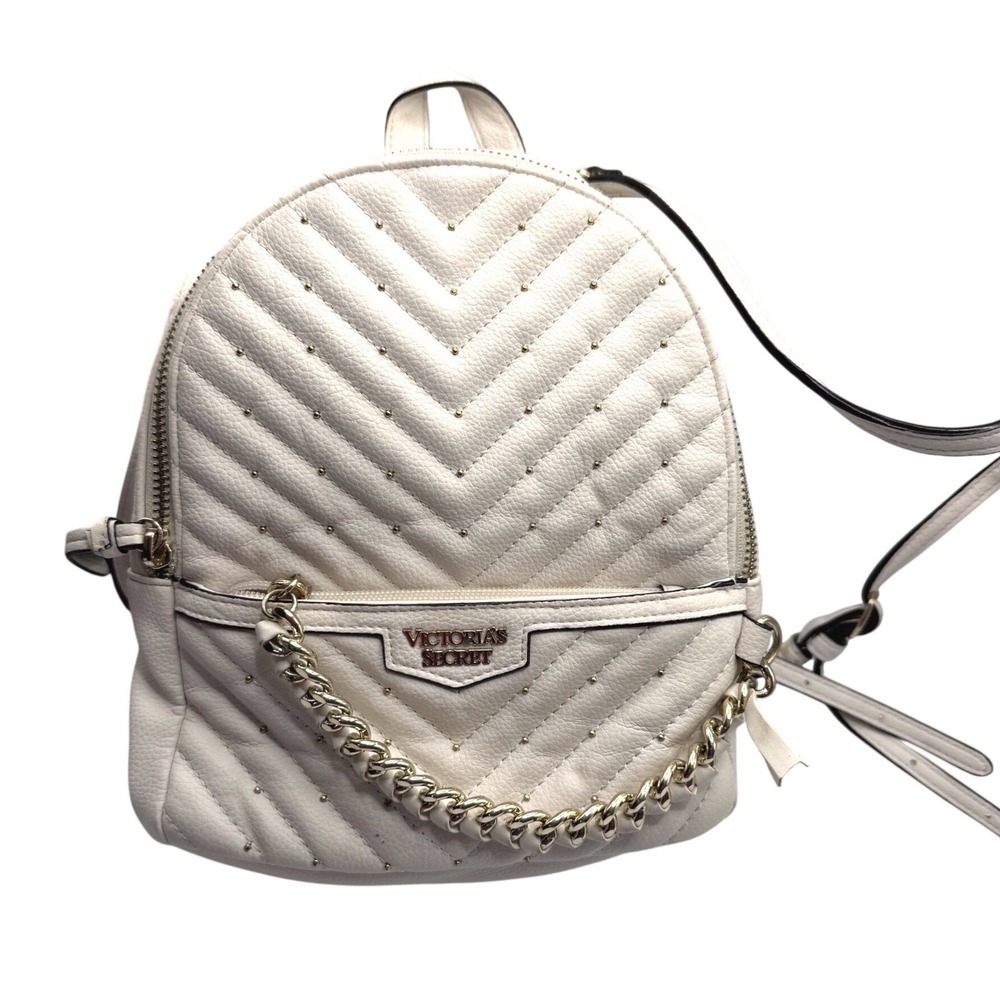 Victoria's Secret Mini Backpack Womens Small White Good Quilted Studded Chain